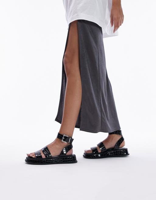 Topshop Bred passform – Grace – Svarta krokodilskinnsmönstrade sandaler