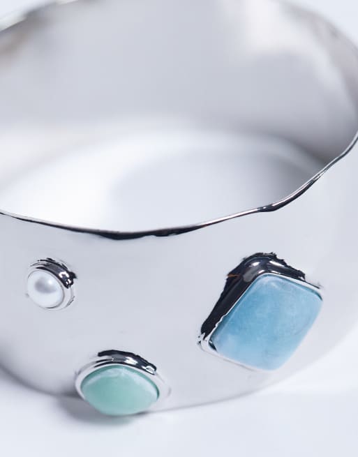 Topshop Bree large bangle bracelet with stones in silver, 2 of 3