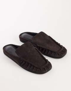 Model wearing Brianna real suede ruched mule loafer in chocolate