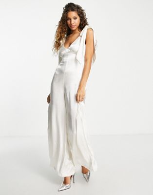 Topshop bridal bow tie shoulder palazzo satin jumpsuit in ivory