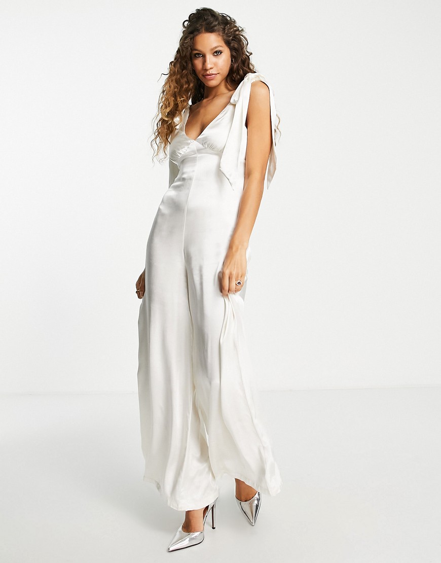 Topshop bridal bow tie shoulder palazzo satin jumpsuit in ivory-White