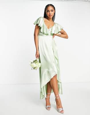 Topshop - Bridesmaid - Brautjungfern-Wickelkleid aus Satin in Grün mit Rüschen