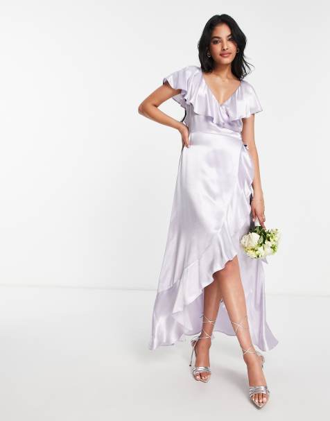 Topshop Bridesmaid – Liliowa satynowa sukienka kopertowa z falbanką - view 1