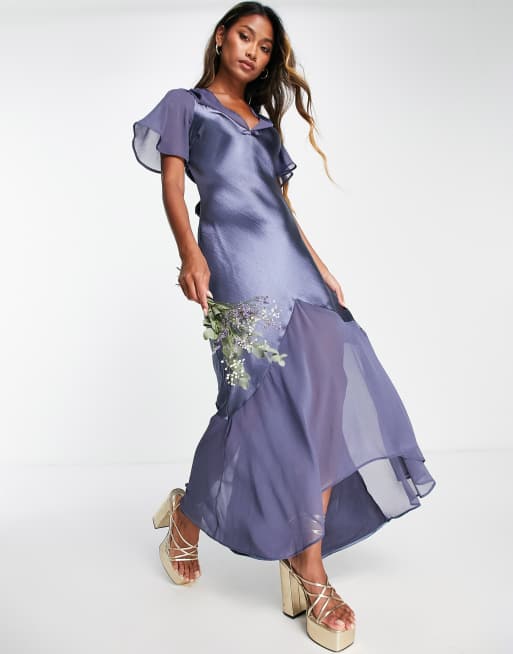 Topshop bridesmaid mixed fabric angel sleeve dress in navy