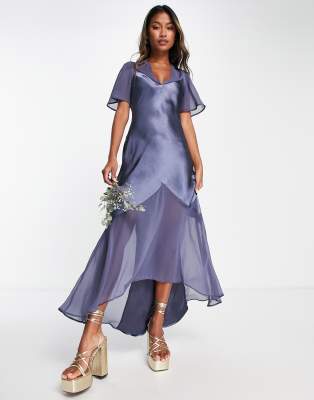 Topshop bridesmaid mixed fabric angel sleeve dress in navy | ASOS