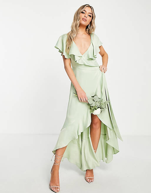  Topshop bridesmaid recycled blend satin frill wrap dress in sage 