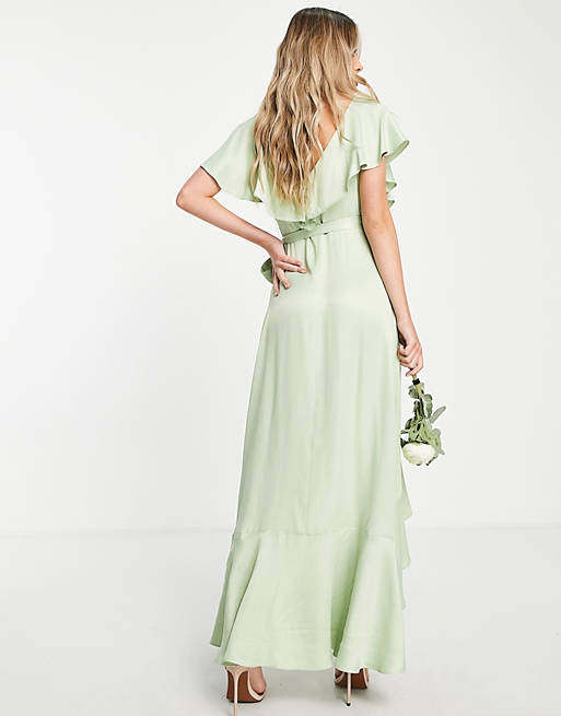 Topshop bridesmaid recycled blend satin frill wrap dress in sage 