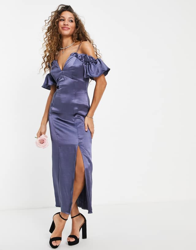 Topshop bridesmaid ruffle bardot dress in navy