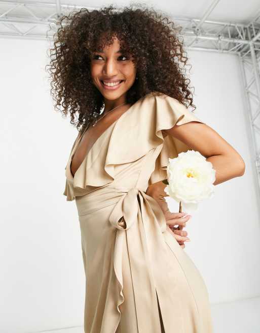 Topshop bridesmaid satin frill wrap dress in gold