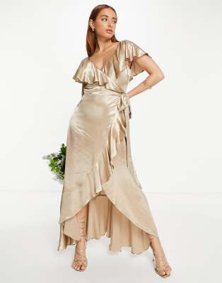 Topshop bridesmaid satin frill wrap dress in gold