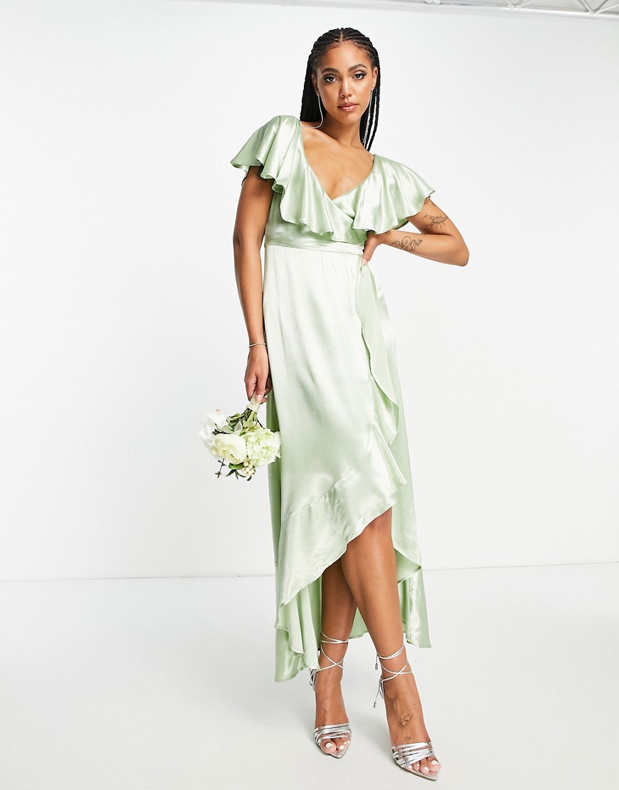 bridesmaid satin frill wrap dress in green
