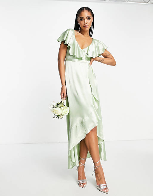 for ikke at nævne Væk Betsy Trotwood Topshop bridesmaid satin frill wrap dress in green | ASOS