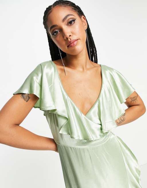 Topshop bridesmaid satin frill wrap dress in green