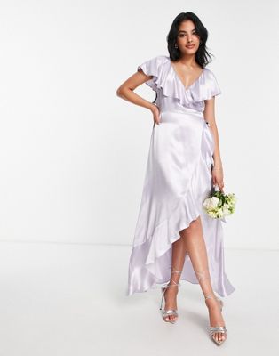 Topshop Bridesmaid Satin Frill Wrap Dress In Lilac-purple
