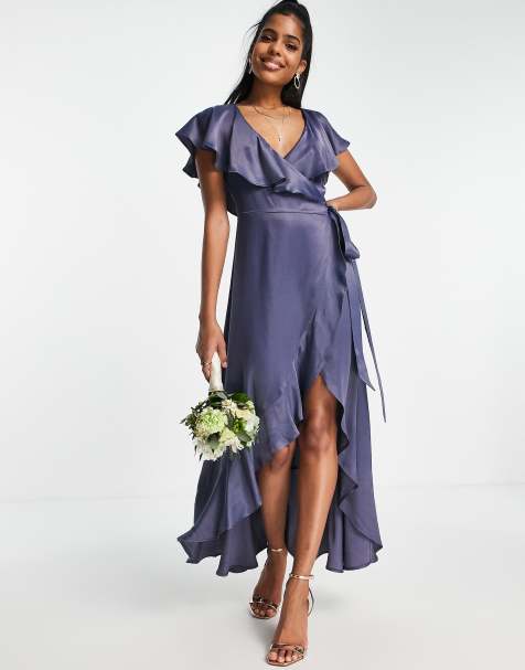 Topshop bridesmaid satin frill wrap dress in navy - NAVY - view 1