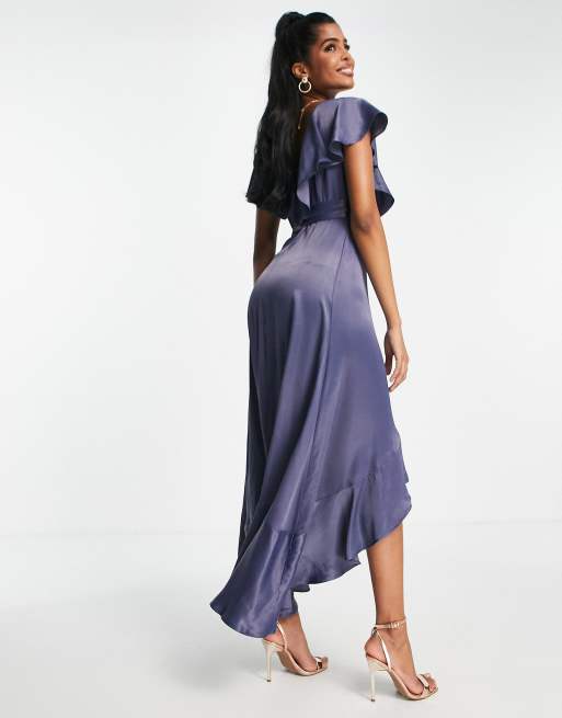 Topshop bridesmaid satin frill wrap dress in navy - NAVY