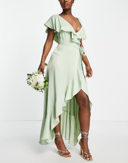 Satin frill wrap store dress