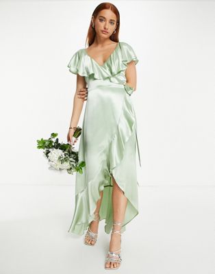 Topshop bridesmaid satin frill wrap dress in sage - ASOS Price Checker