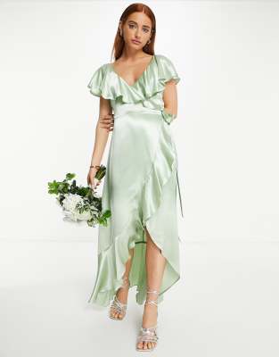 Topshop bridesmaid satin frill wrap dress in sage