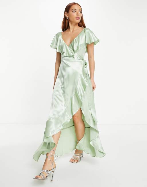 Satin Ruffle Wrap Maxi Dress