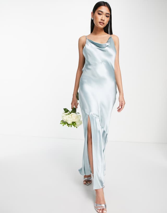 Topshop bridesmaid tie back satin slip dress in blue