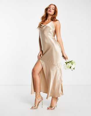 Topshop bridesmaid tie back satin slip dress in gold | ASOS