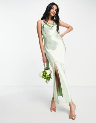 Topshop bridesmaid tie back satin slip dress in sage | ASOS