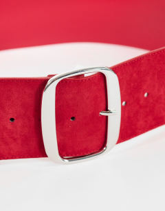 Model wearing Brittany suedette wide belt in red