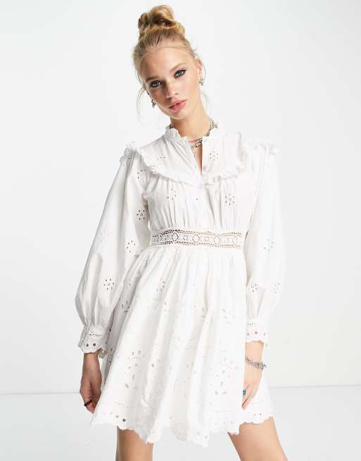 Topshop broderie frill bib mini dress in white ASOS