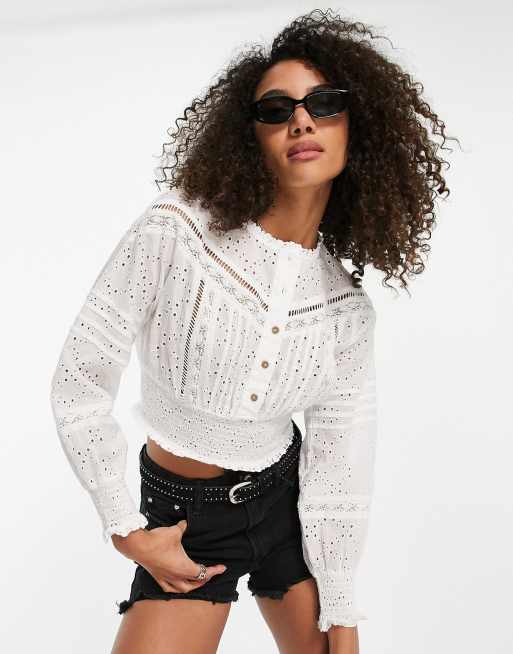 Topshop broderie lace insert shirred top in white, 4 of 4