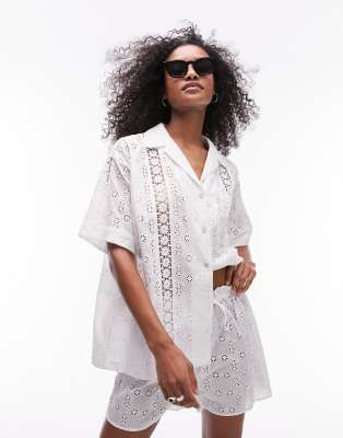 Topshop Broderie Lace Trim Insert Shirt In White In White