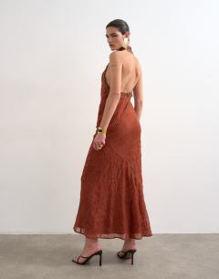 Model wearing Broderie occasion maxi dress with beaded trim in rust