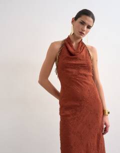 Model wearing Broderie occasion maxi dress with beaded trim in rust