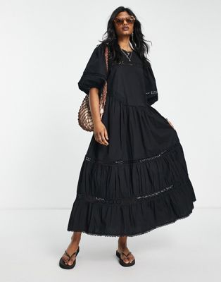Topshop broderie oversized chuck on maxi dress in black