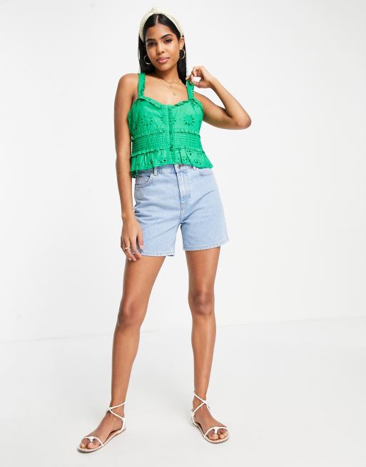 Topshop broderie pintuck cami top in green