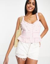 ASOS DESIGN broderie corset button front top with frill neck in