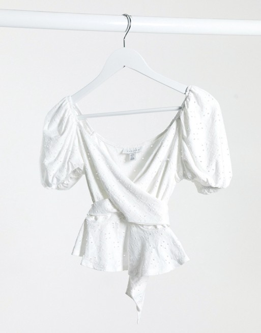 Topshop broderie puff sleeve wrap blouse in white