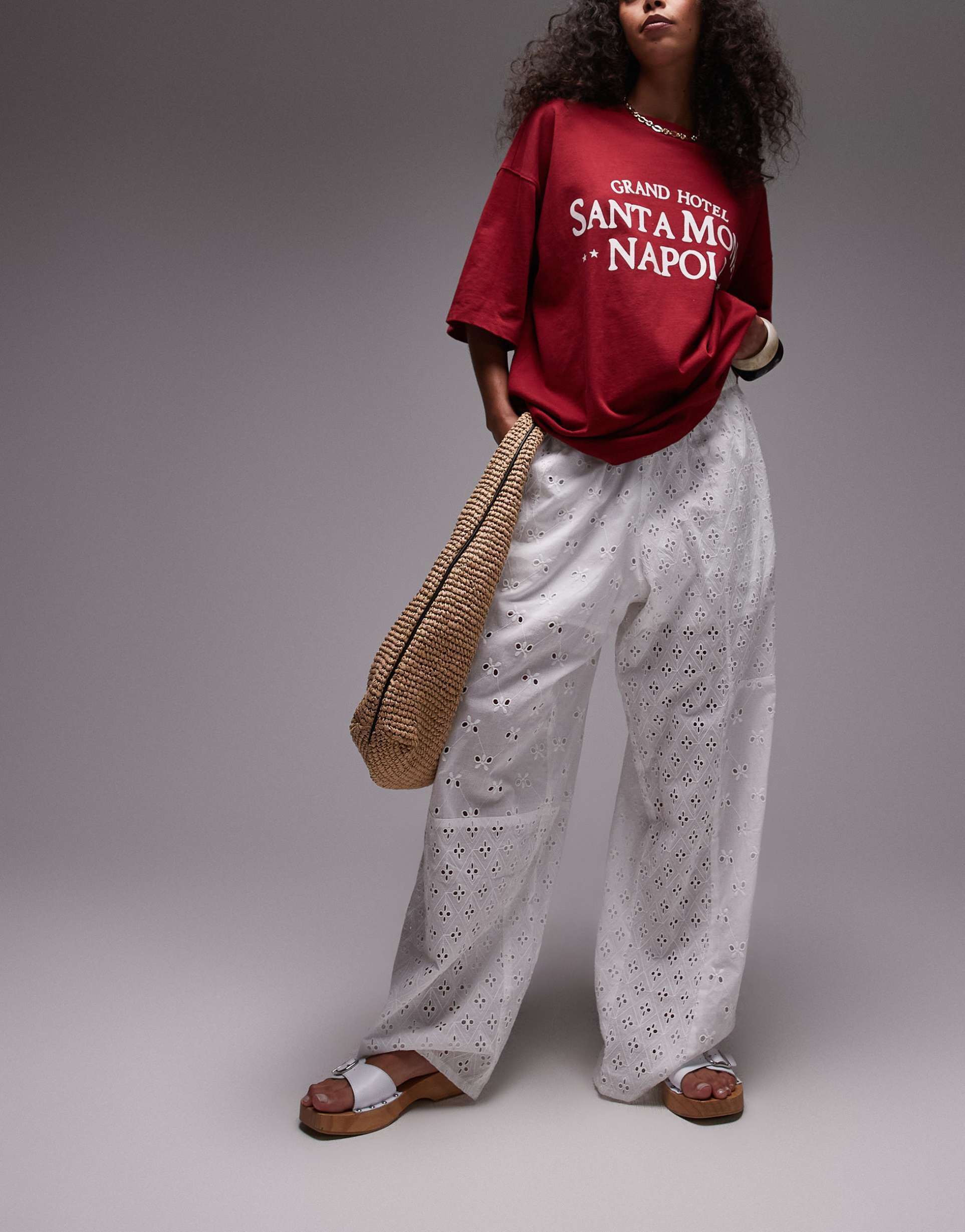 topshop broderie straight leg pants in white