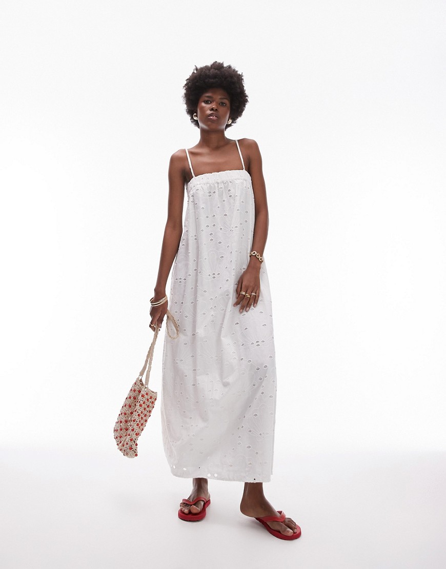 Topshop broderie strappy chuck on midi dress in ivory-White