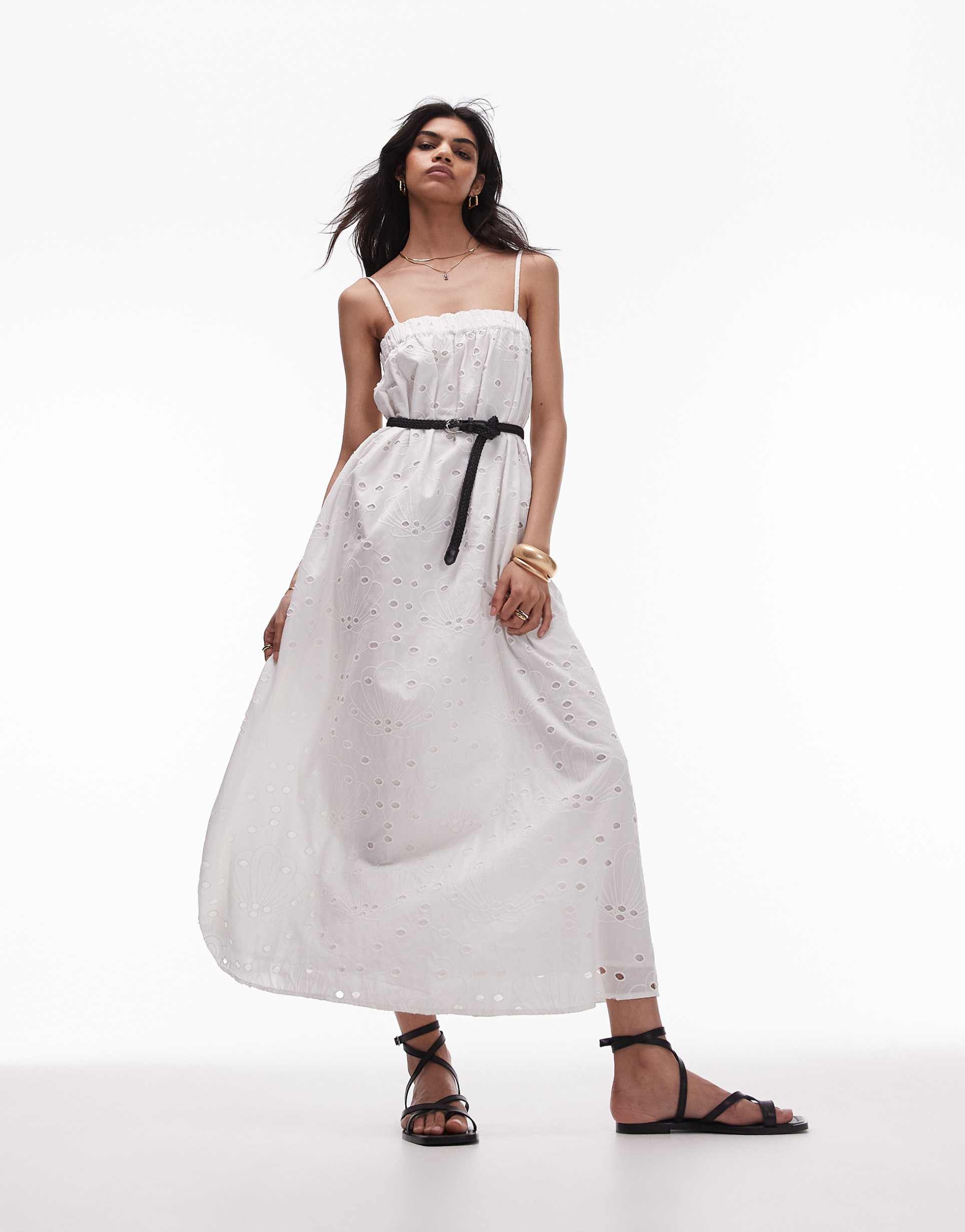 topshop broderie strappy chuck on midi dress in ivory