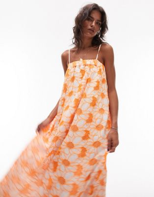 Topshop broderie strappy chuck on midi dress in orange floral