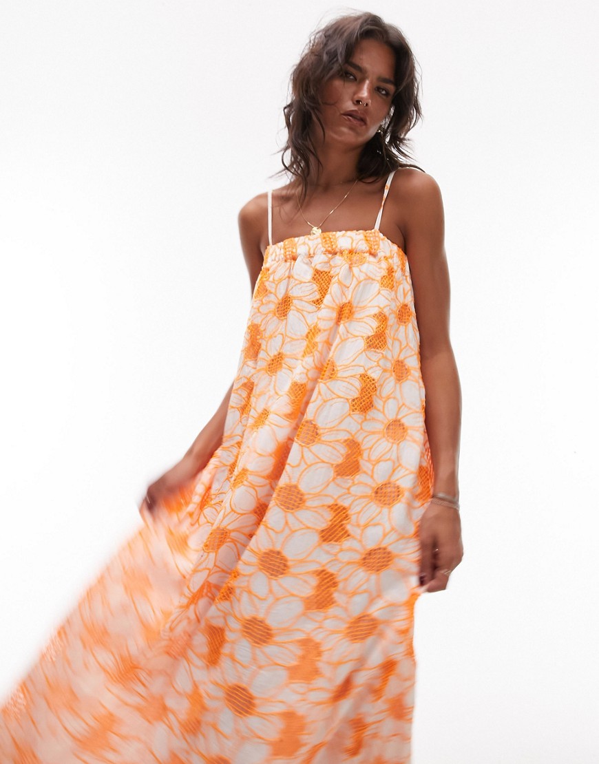 Topshop broderie strappy chuck on midi dress in orange floral
