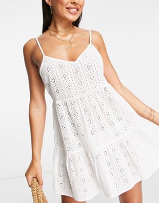 Topshop broderie tiered mini beach dress in white