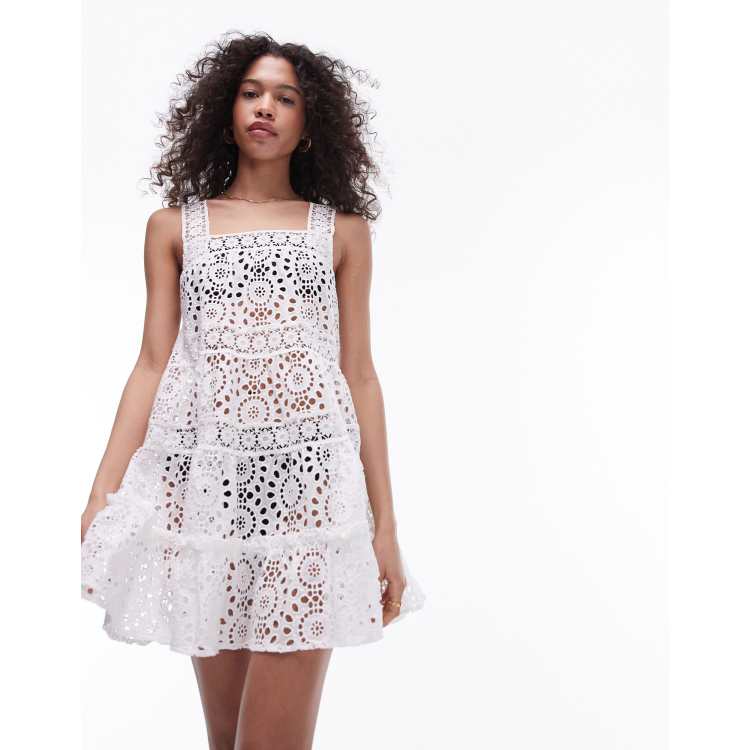 Topshop broderie tiered mini beach dress in white