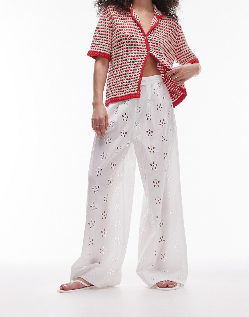 Topshop Broderie Wide Leg Beach Pants In White - Part Of A Set
