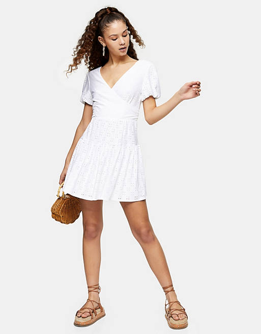 Topshop broderie wrap mini dress in white
