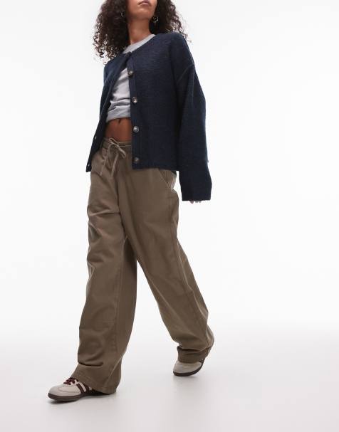 Topshop - Broek met elastische gestrikte taille in kaki - view 1