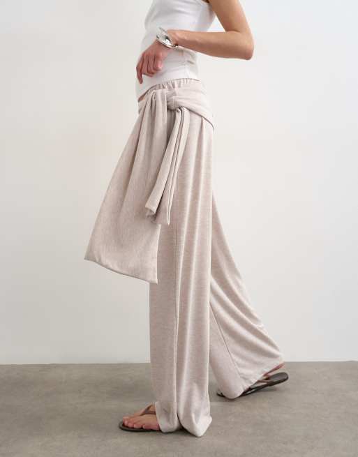 Topshop - Broek met gestrikt sjaaldetail in lichtbeige, 2 van 5