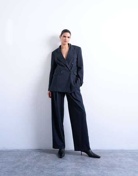 Topshop - Broek met lage taille en subtiele krijtstreep in marineblauw, deel van co-ord set - view 1