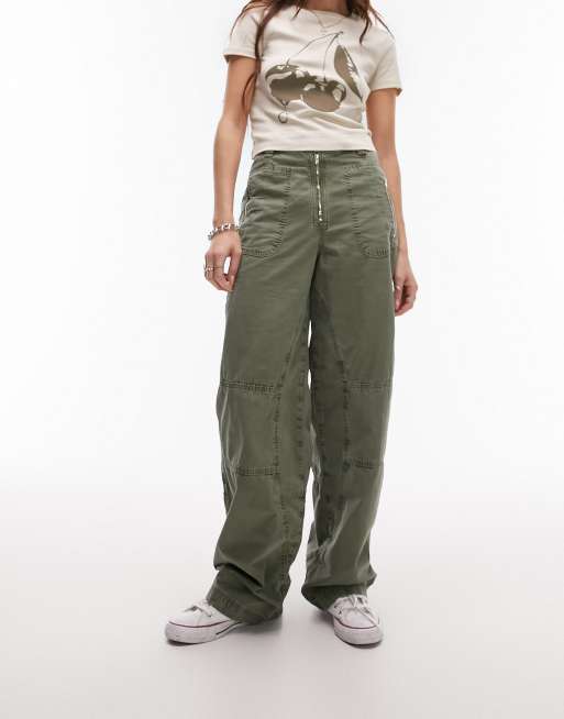 Topshop - Broek met rechte pijpen en hoge moto-taille en naden in kaki